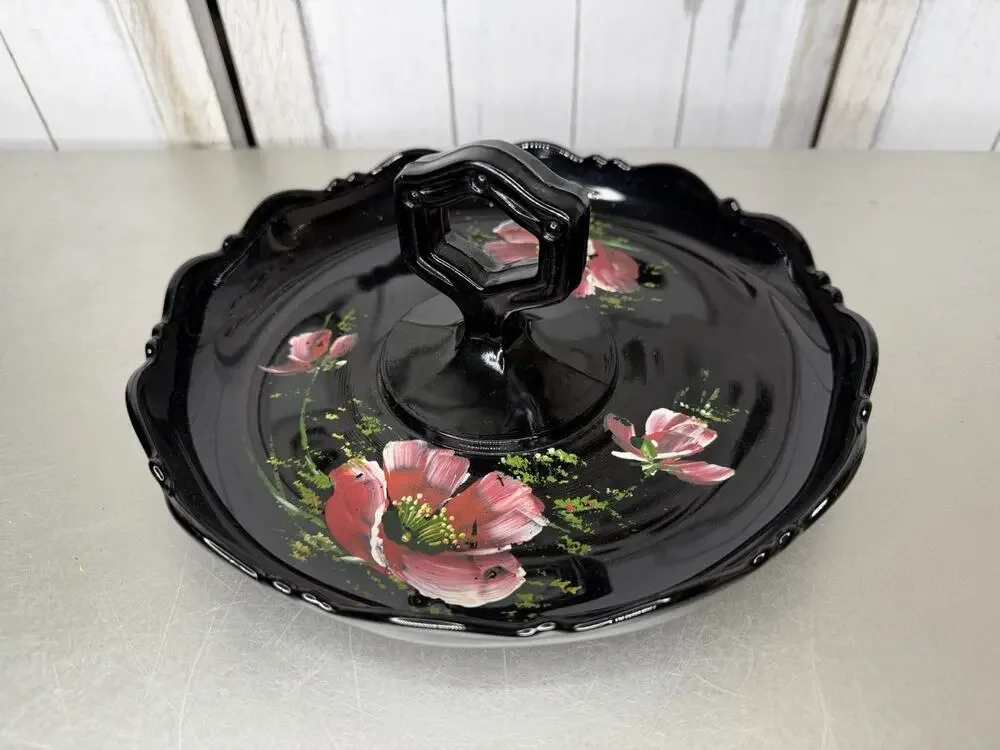 Vintage Black Amethyst Glass Jewelry Holder Candy Dish Hand Painted Floral